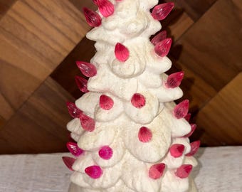 Vintage White Sugar Coated Ceramic with Pink Red Bulbs Light-up Christmas Tree
