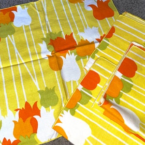 Vintage 60s Yellow Striped And Orange Tulips Napkins Napkin LOT of Four