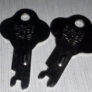 May include: Two identical silver-colored metal keys with a clover-shaped head featuring a circular hole. Each key is stamped with the text PIBURG VA-USA T-46. The keys have a flat, notched blade design with a small raised oval detail on the shaft.