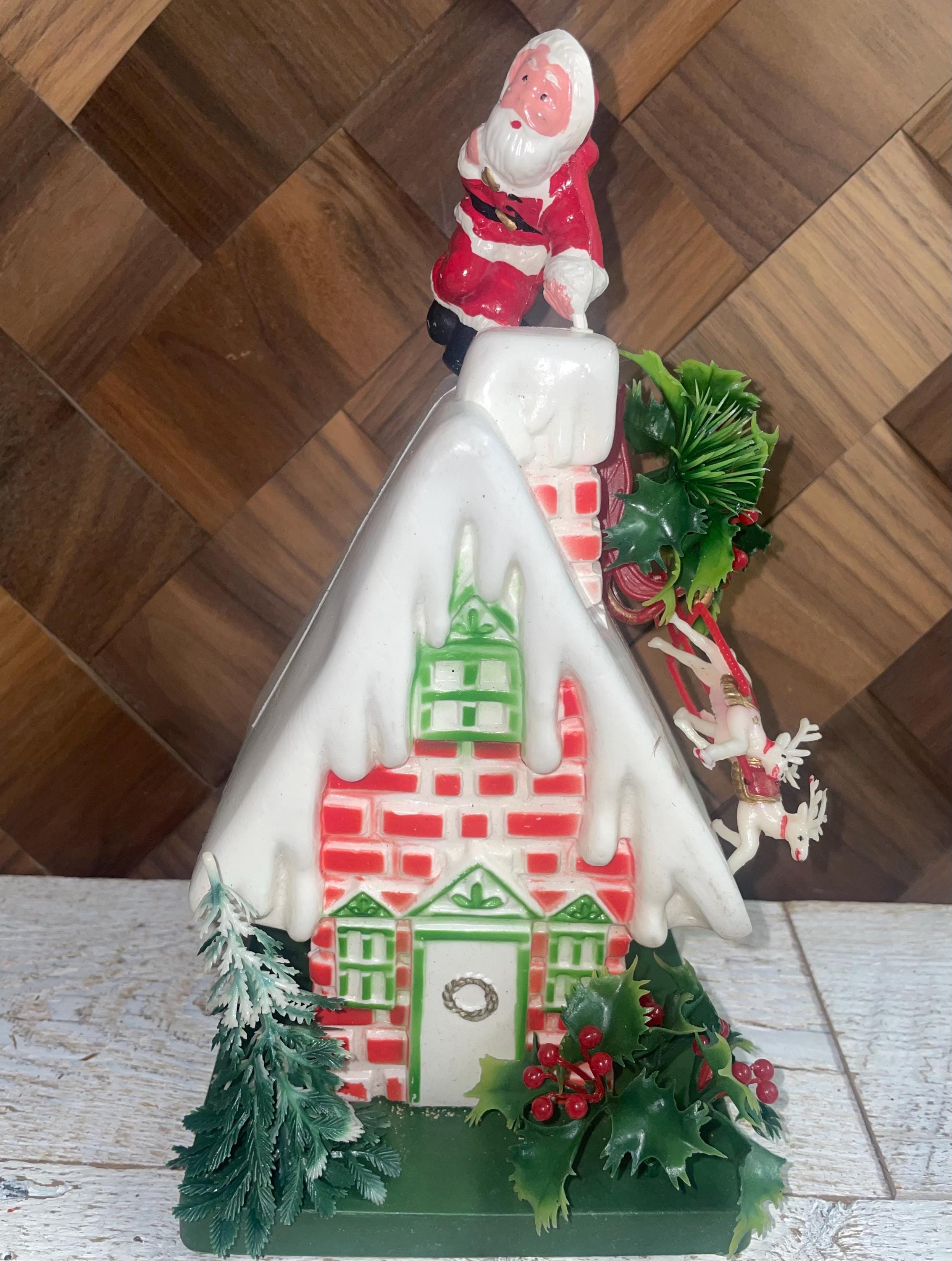 Vintage Mid Century Plastic Blow Mold House With Santa Claus and
