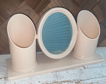 Vintage MOD 80s Peach Pink Plastic Rotating Vanity Make Up Mirror with Make-up Holders