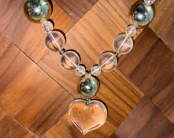 Vintage MOD Clear Lucite Beaded Necklace with Heart Pendant