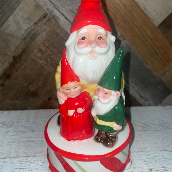 Vintage St Nicolas Berman and Anderson Ceramic Santa with Gnomes Christmas Music Box Statue with Box