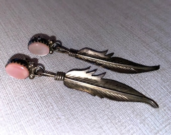 Vintage Silver and Pink Mother of Pearl Southwest Feather Dangle Earrings