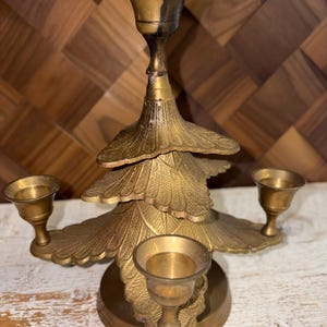 Vintage Mid Century Three Dimensional Brass Metal Etched Christmas Tree and Advent Candle Holder Decor Statue