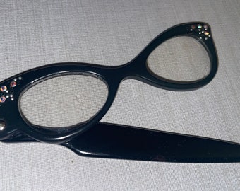 Vintage Cat Eye Rhinestone Folding Black Plastic Lorgnette  display picture 1