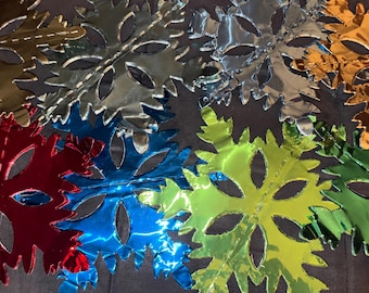 Vintage Mid Century Multi Color Metallic Foil Snowflakes Three Dimensional Christmas Hanging Decoration LOT of Eight