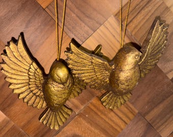 Vintage Gold Painted Resin Flying Birds Christmas Ornament LOT of Two