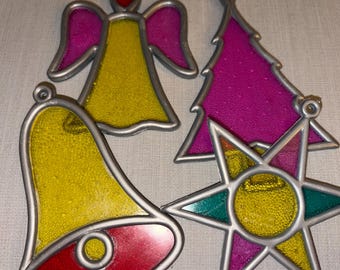 Vintage Mid Century Colorful Plastic Faux Stained Glass Design Christmas Bell Tree Star and Angel Ornament LOT of Four Signed Hong Kong