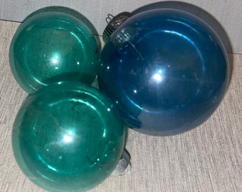 Vintage 50s Era Shiny Brite Green and Blue Translucent Glass Bulb Ornament LOT of Three
