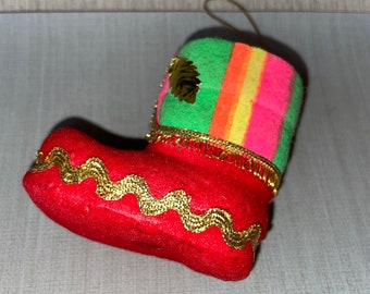 Vintage 60s Flocked Santa Claus Boot Christmas Ornament