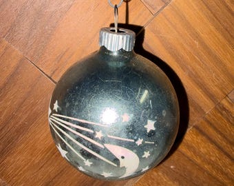 Vintage Mid Century Blue Shiny Brite Shooting Star Stencil Glass Christmas Bulb Ornament