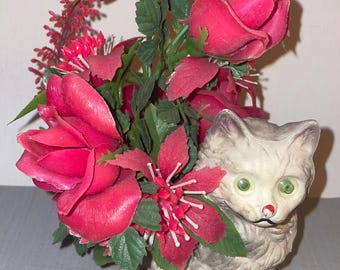 Vintage Mid Century Kitsch Cat with Dark Pink Roses and Flowers Plastic Figural Vase Decor