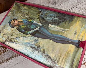 Vintage Mid Century 60s Girl with Greyhound Dog Pink Satin Dresser Jewelry Box
