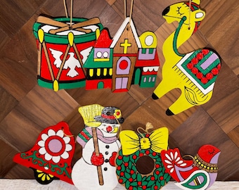 Vintage Mid Century Vivid Bright Painted Wood Christmas Ornament LOT of Seven