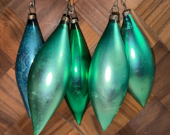 Vintage Mid Century Blue and Green Large Teardrop Shape Glass Christmas Bulb Ornament LOT of Five with Box Santa’s World