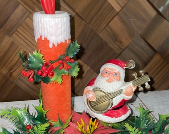 Vintage Mid Century 60s Plastic Santa Claus and Red Flocked Candle Christmas Decor