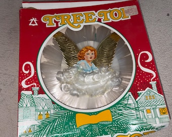 Vintage Mid Century Paper Foil and Filament Angel Christmas Tree Topper with Box