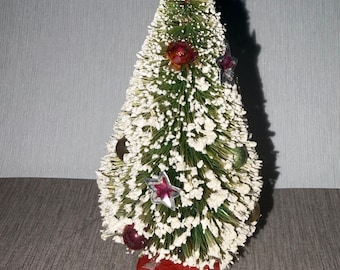 Vintage Mid Century Snow Flocked Bottle Brush with Mercury Glass Bulbs Christmas Tree Decor