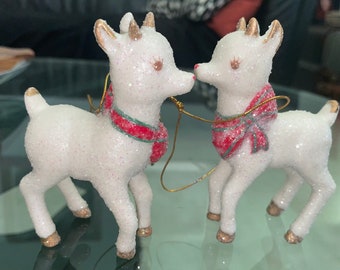 Vintage Fawn Deer Ceramic Sugar Coated Christmas Ornament Pair