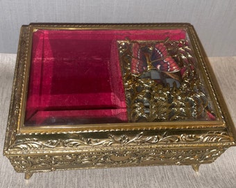 Vintage Brass Tone Metal Filigree with Moving Butterfly Jewelry Box by Music Box Company Plays Memories Cats
