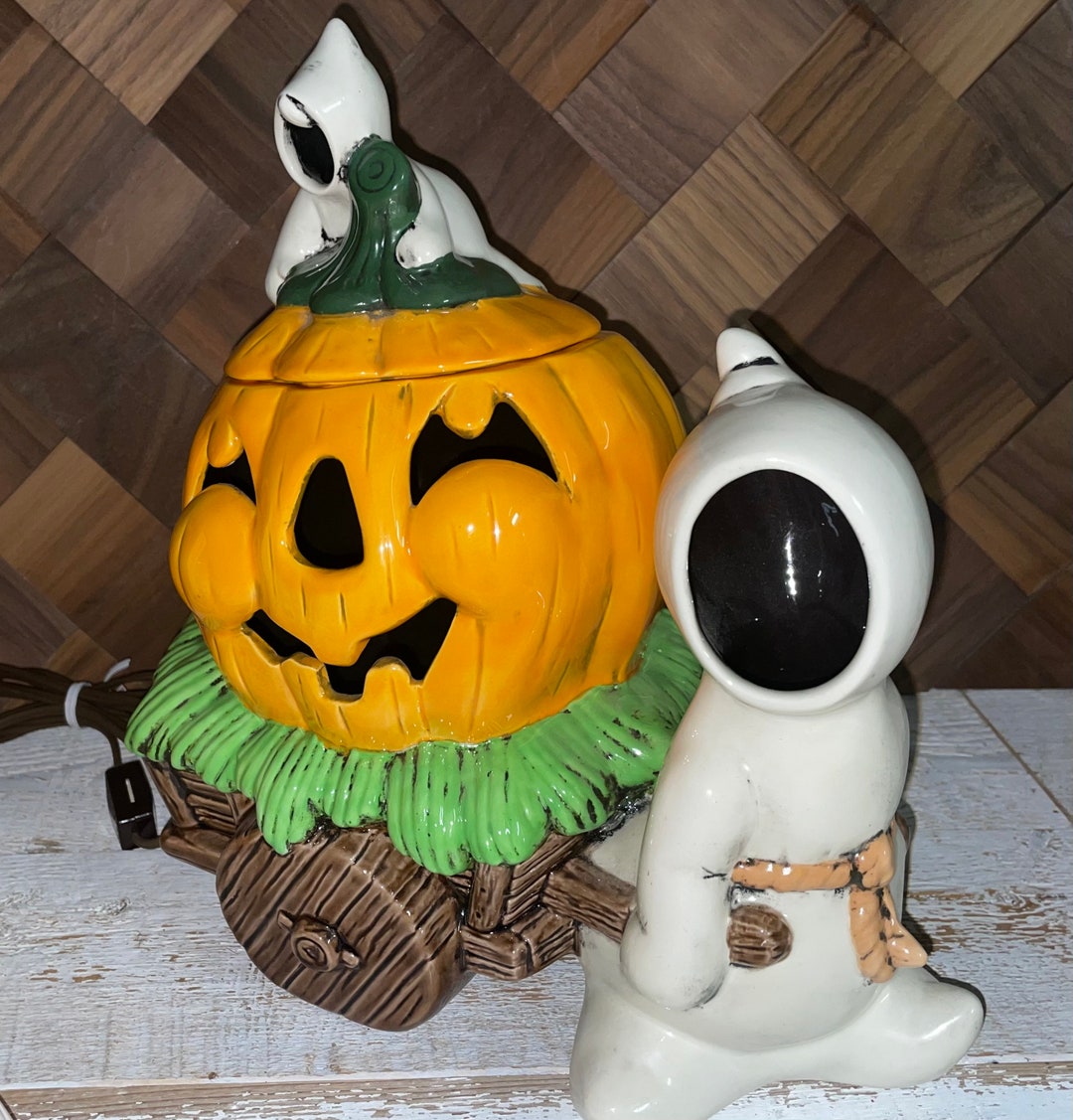 Vintage Ceramic Light-up Ghost and Jack O Lantern in a Cart Halloween ...