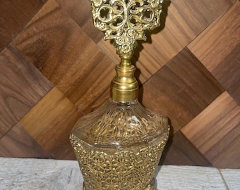 Vintage Gold Tone Metal French Provincial Filigree and Glass Perfume Bottle with Stopper
