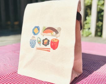Japanese Bento Lunch Bag: Cotton Canvas Asian Food Bag with Strap