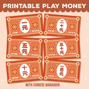 Dinheiro de brinquedo do Ano Novo Lunar Chinês Digital, Brincadeira de faz de conta, Download em PDF para impressão, Casa de brincar Sala de aula Brincadeira dramática Comportamento Bucks Chore Bucks