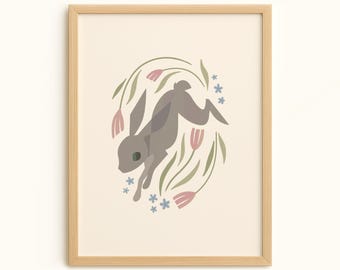 Spring Floral Bunny Print: Whimsical Nursery Wall Art
