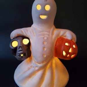 Vintage Ceramic Ghost Holding Pumpkin & Skull Tea Light Votive Candle Holder
