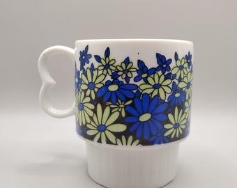 Vintage MCM Japan Daisy Floral Mug Stackable Heart Handle White Blue Green Retro