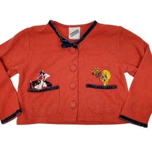 Vintage 1999 Warner Bros Store Kids size 4 Sylvester Tweety Embroidered Cardigan