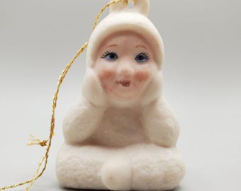 Vintage Ceramic Snow Baby Christmas Ornament - Stamped LK