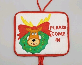 Vintage Silvestri Please Come In Holiday Door Hanger With Reindeer Jingle Bells