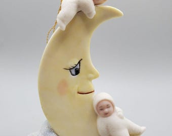 Vintage Celestial Moon with Sleeping Snow Babies Ceramic Christmas Ornament