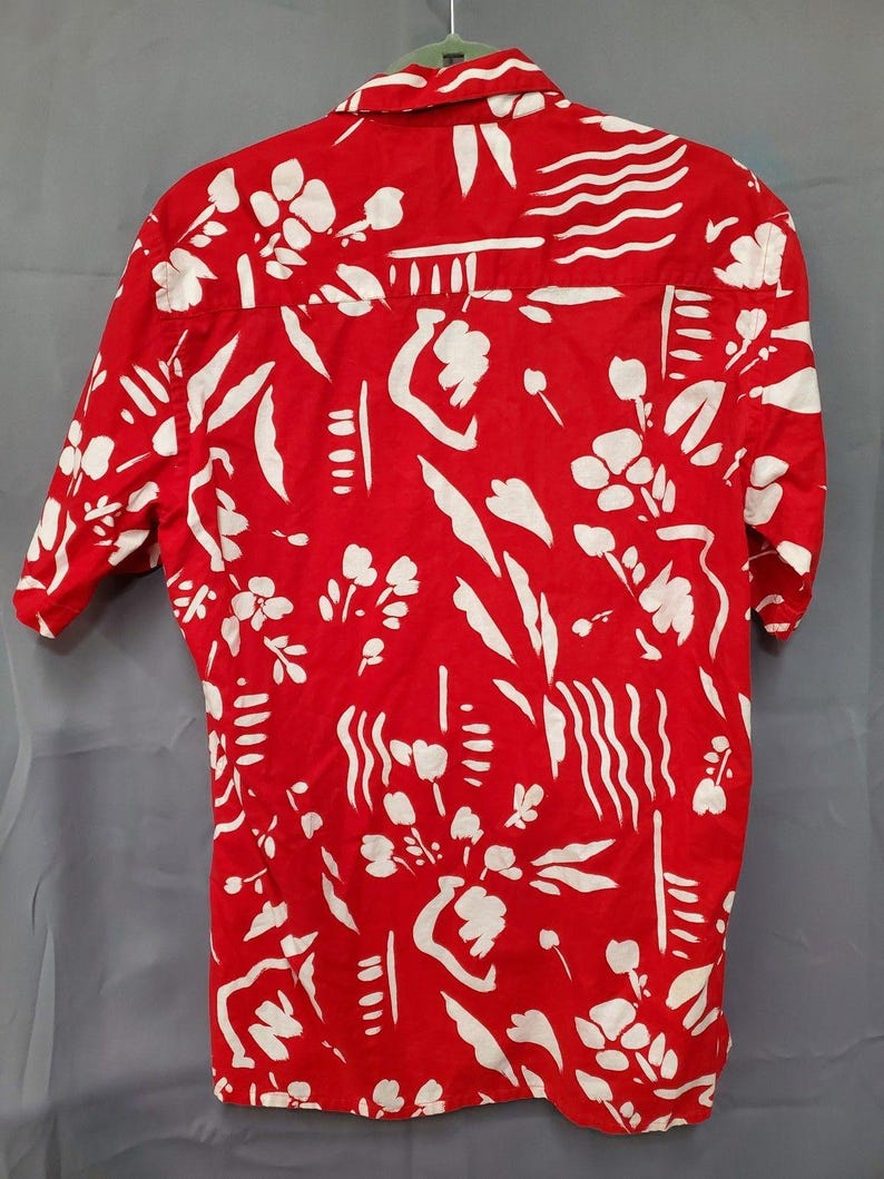 Vintage Carson Pirie Scott L-shirt heren rood wit bloemen Hawaiiaans button-down shirt afbeelding 3