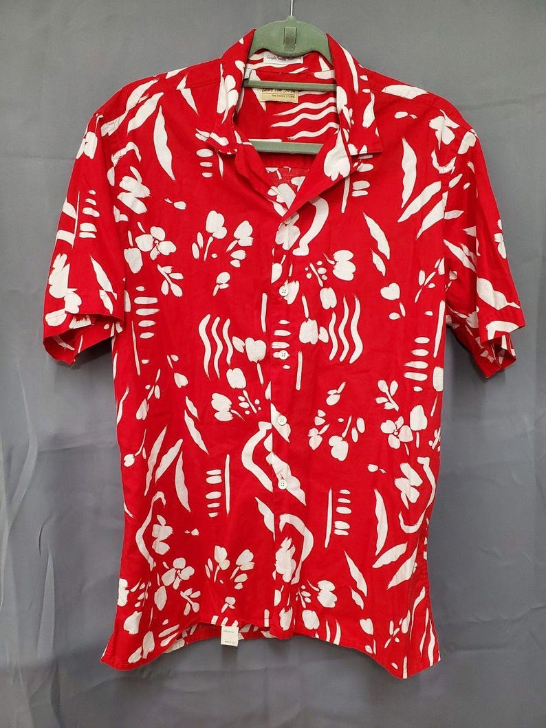 Vintage Carson Pirie Scott L-shirt heren rood wit bloemen Hawaiiaans button-down shirt afbeelding 1