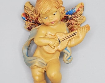 Vintage Hand Painted Polyresin Cherub Angel with Guitar 4" Christmas Ornament