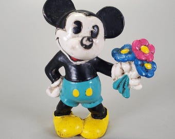 Vintage PVC-beeldje pestkop Disney Mickey Mouse met bloemen uit 1986
