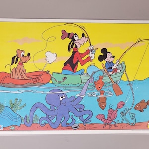 3 Vintage 1978 Pepsi Walt Disney Mickey Goofy Pluto Fishing Laminated Placemats