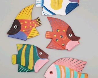 Lot Of 5 Whimsical Hand Carved and Painted Tropical Fish Wood Hanging Ornaments