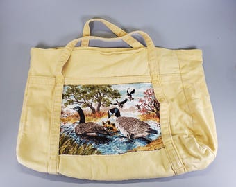 Vintage Handmade House N Home Yellow Fabric Tote Bag with Geese & Grouse Birds