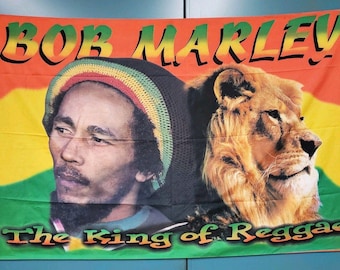 Vintage Bob Marley w/Lion King Of Reggae Rasta Flag Banner Textile 37" x 57"