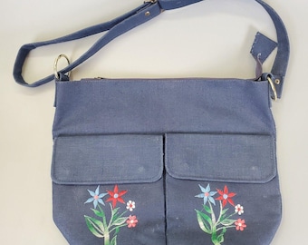 Vintage Embroidered Floral Blue Canvas Shoulder Bag Purse
