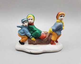 Vintage 1991 Rex & Lee Children Sledding Ceramic Figurine