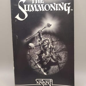 May include: A black and white cover of "The Summoning" featuring a fantasy illustration of a warrior with a staff, skull, and sword. The text "THE SUMMONING" is in a stylized font. The bottom of the cover reads "STRATEGIC SIMULATIONS, INC."