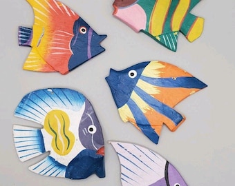 Lot Of 5 Whimsical Hand Carved and Painted Tropical Fish Wood Hanging Ornaments