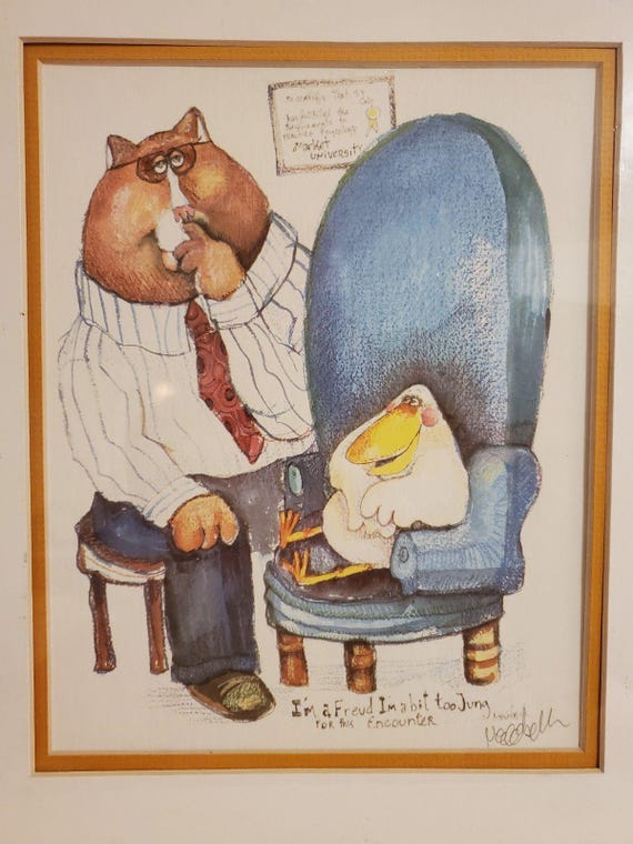 Vintage Matted Don Nedobeck Signed Print Therapy Humor W/ Cat