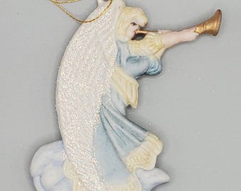 Vintage Ceramic Angel with Trumpet Christmas Ornament - Stamped LK